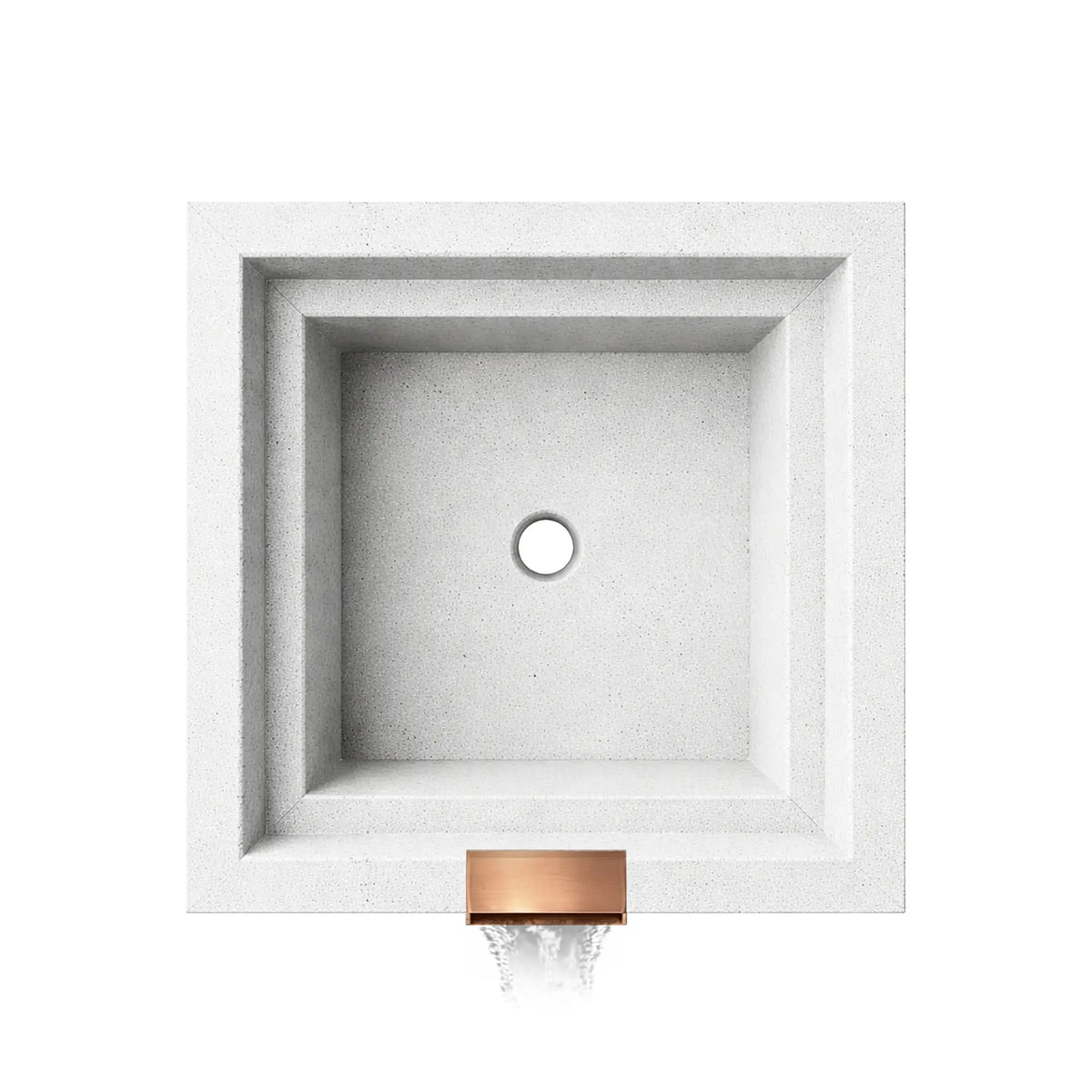 Top-down view of the Serenity Series ripple square water bowl in white, displaying the empty interior basin and centered drain opening. The stepped square walls and smooth textured finish highlight the geometric design, while the copper spillway outlet at the front edge indicates where water exits to form a decorative waterfall feature.