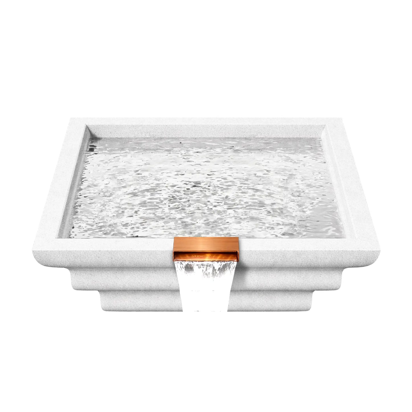 Top view of the Serenity Series square ripple water bowl filled with water in a white finish. Subtle ripples move across the basin surface while the copper spillway at the front edge releases a smooth sheet of water downward, illustrating how the bowl functions as a decorative poolside waterfall feature.