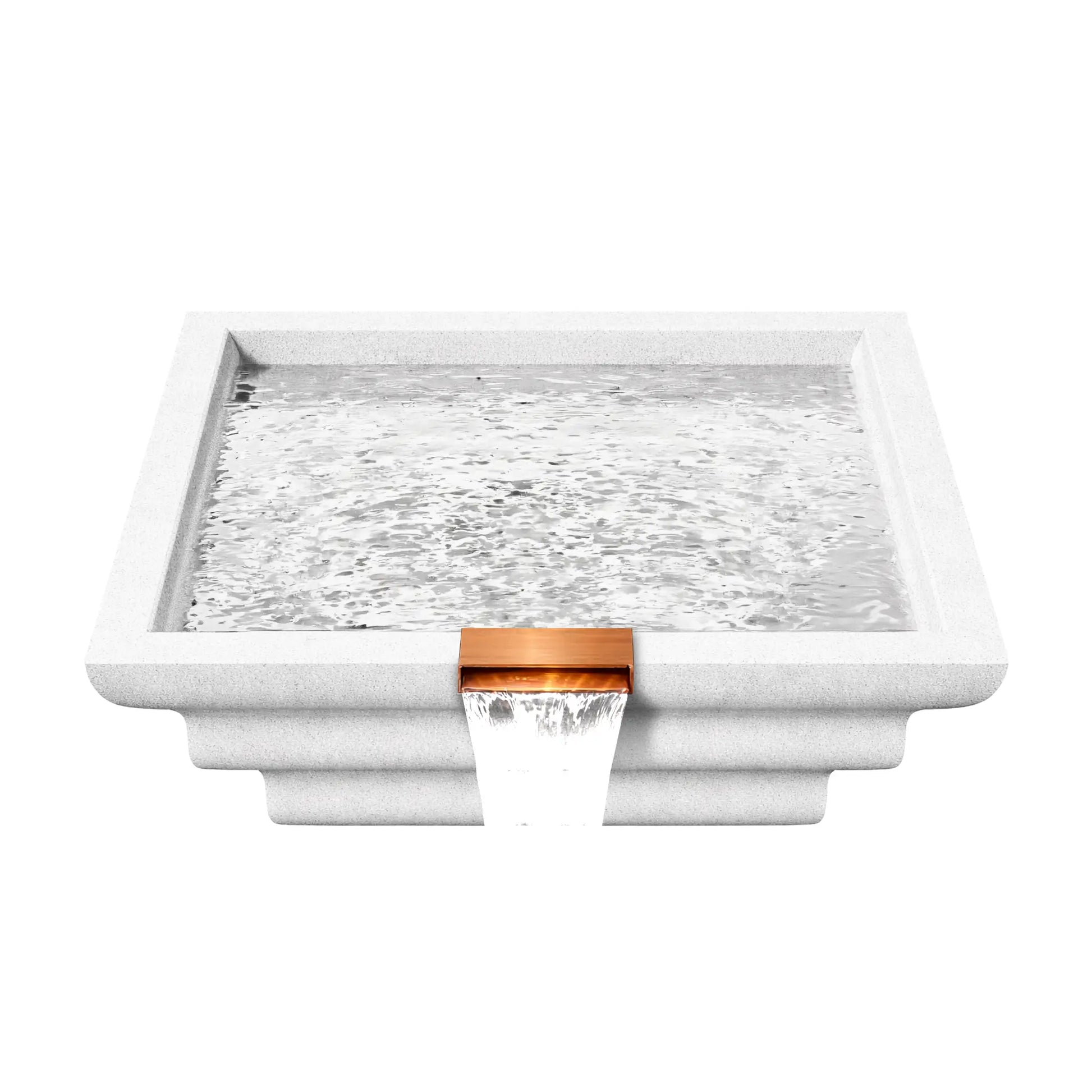 Top view of the Serenity Series square ripple water bowl filled with water in a white finish. Subtle ripples move across the basin surface while the copper spillway at the front edge releases a smooth sheet of water downward, illustrating how the bowl functions as a decorative poolside waterfall feature.