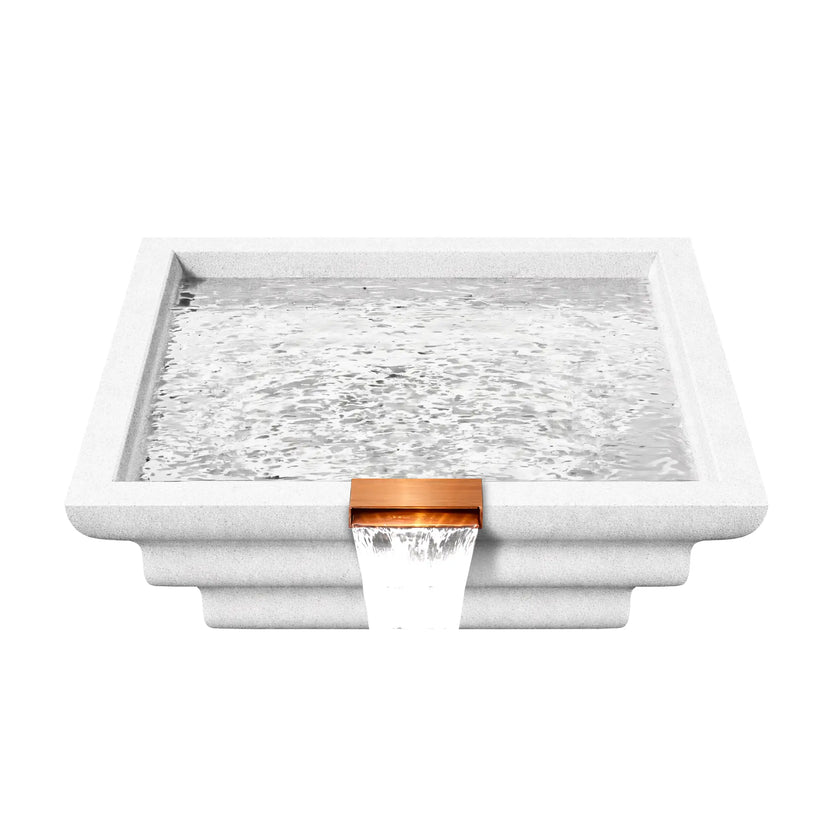 Top view of the Serenity Series square ripple water bowl filled with water in a white finish. Subtle ripples move across the basin surface while the copper spillway at the front edge releases a smooth sheet of water downward, illustrating how the bowl functions as a decorative poolside waterfall feature.