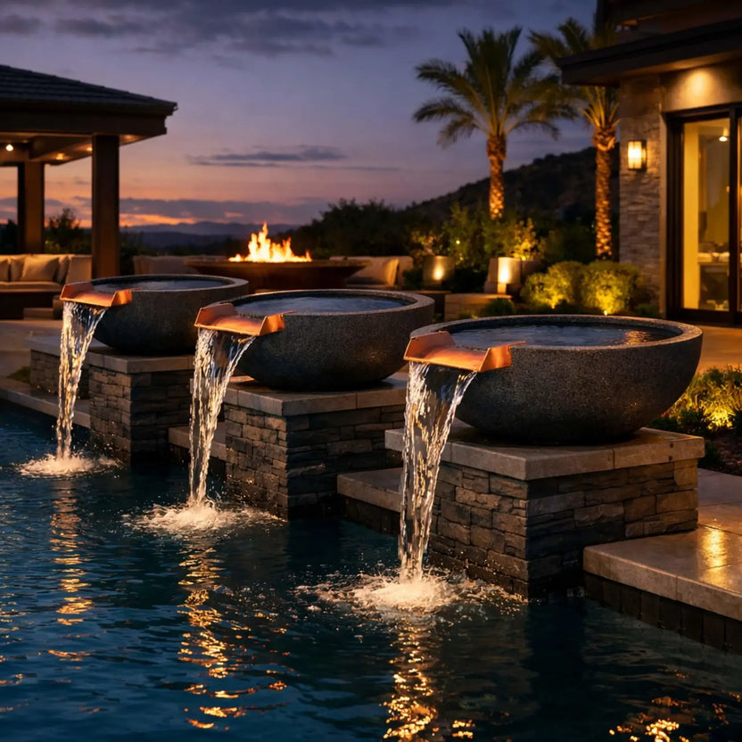 Evening backyard scene showcasing three round GFRC concrete water bowls in a black finish, positioned along a pool edge with cascading water spilling into the pool below. Warm landscape lighting, palm trees, and a fire feature in the background create a dramatic and upscale outdoor water feature setting.