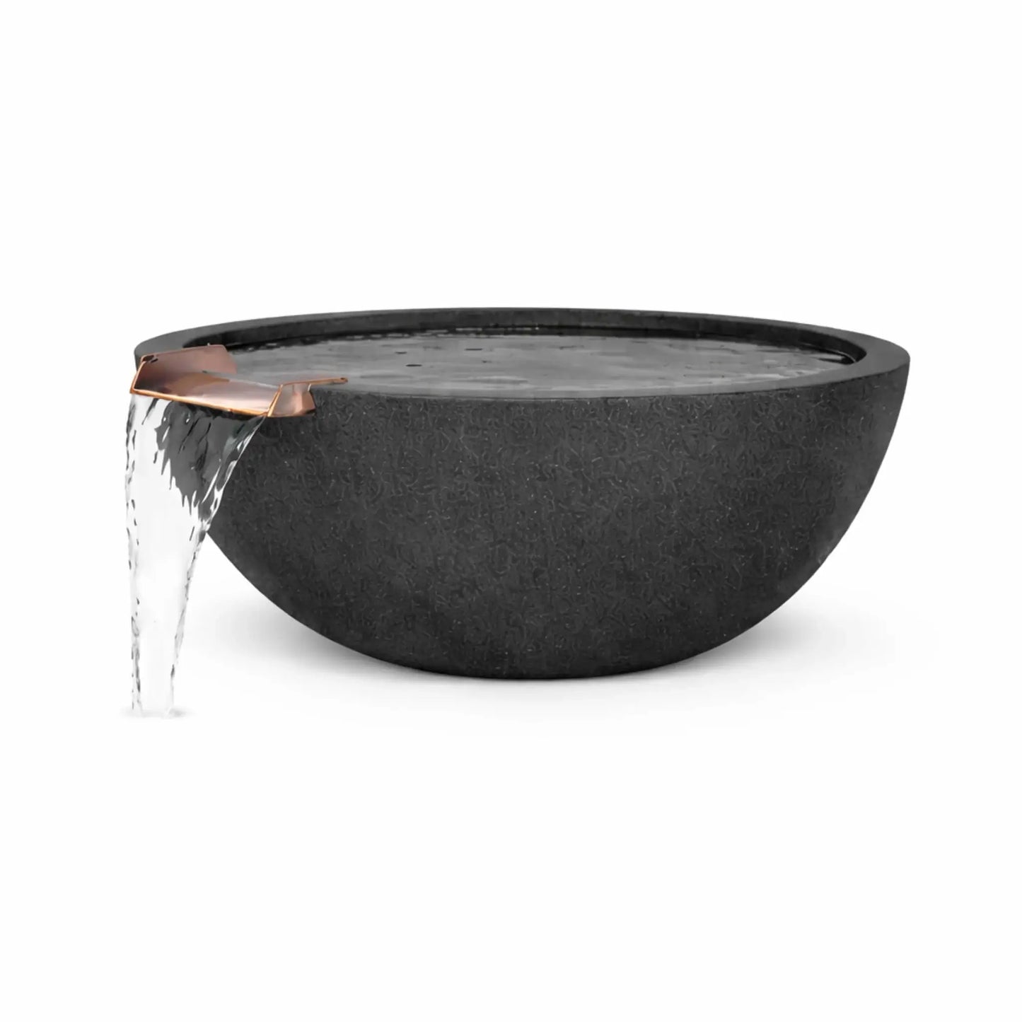 Close-up product image of a black round GFRC concrete water bowl with water cascading from a bronze spillway. The dark textured concrete finish and smooth water flow emphasize the bowl’s modern design and suitability for high-end outdoor water features.