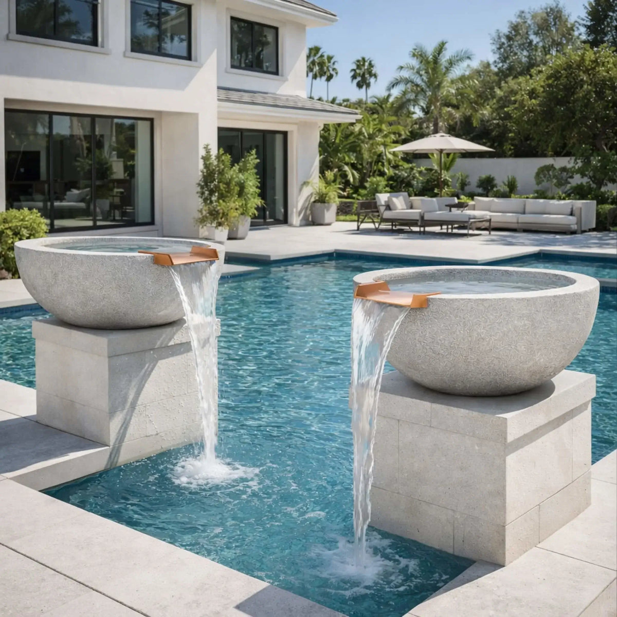 Modern poolside installation featuring two round GFRC concrete water bowls in a light gray finish, each mounted on stone pedestals with water flowing smoothly from integrated bronze scuppers into a swimming pool. The bowls complement a contemporary outdoor living space with clean architectural lines and landscaped surroundings.