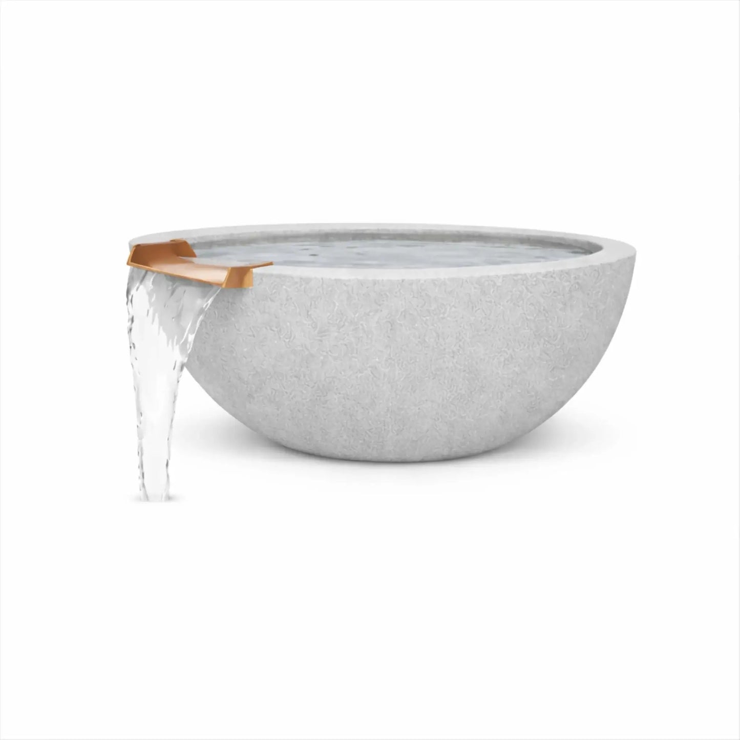 Single gray round GFRC concrete water bowl displayed with flowing water pouring from a bronze scupper. The image highlights the bowl’s smooth curvature, durable concrete finish, and elegant water cascade suitable for pool and landscape installations.