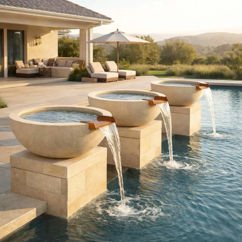 Luxury outdoor pool setting featuring three white round GFRC concrete water bowls aligned along the pool edge, each releasing a steady stream of water into the pool. The scene includes a modern patio, lounge seating, and scenic landscape views, creating a refined resort-style atmosphere.