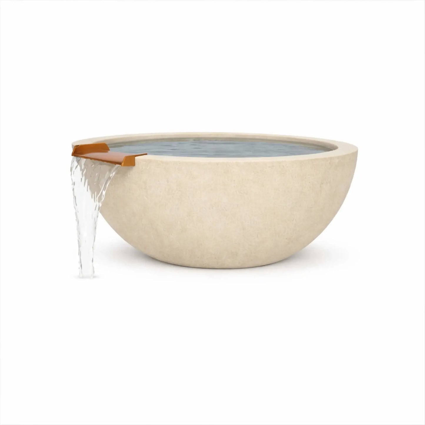 Single product image of a white round GFRC concrete water bowl with a smooth curved form and integrated bronze water scupper. The bowl’s minimalist design and light concrete finish highlight its use as a modern standalone water feature for outdoor spaces.