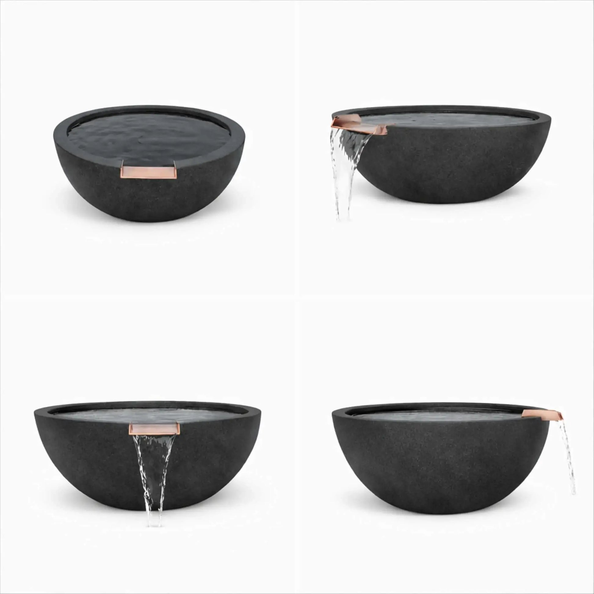 Four-view product layout of a black round GFRC concrete water bowl, showing front, side, angled, and water-flow perspectives. The images highlight the smooth curved bowl shape, textured concrete finish, and integrated bronze water scupper designed for modern outdoor water features.