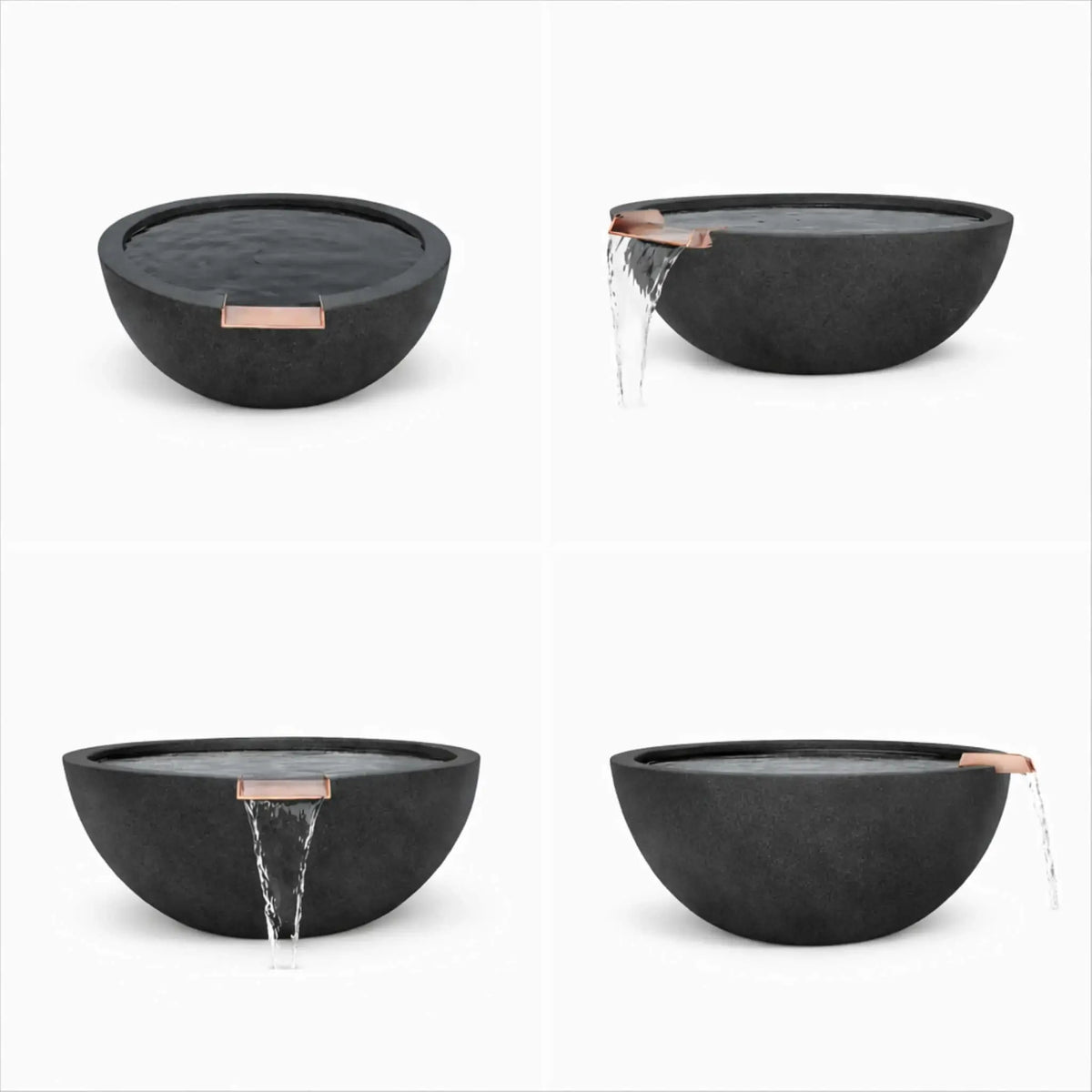 Four-view product layout of a black round GFRC concrete water bowl, showing front, side, angled, and water-flow perspectives. The images highlight the smooth curved bowl shape, textured concrete finish, and integrated bronze water scupper designed for modern outdoor water features.