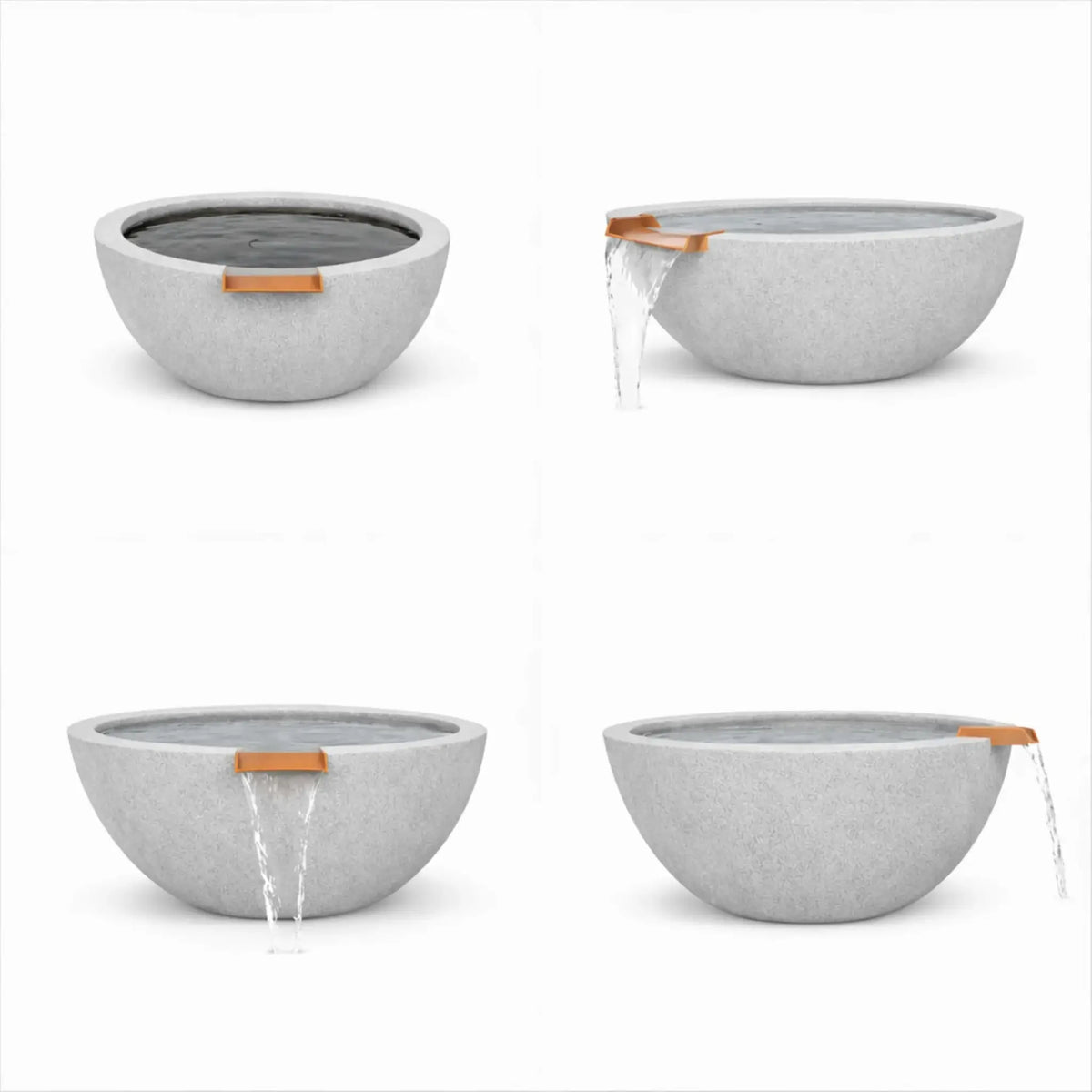 Multi-angle product display of a gray round GFRC concrete water bowl, featuring views with and without flowing water. The layout emphasizes the bowl’s smooth concrete texture, rounded profile, and built-in bronze spillway used to create a clean cascading water effect.