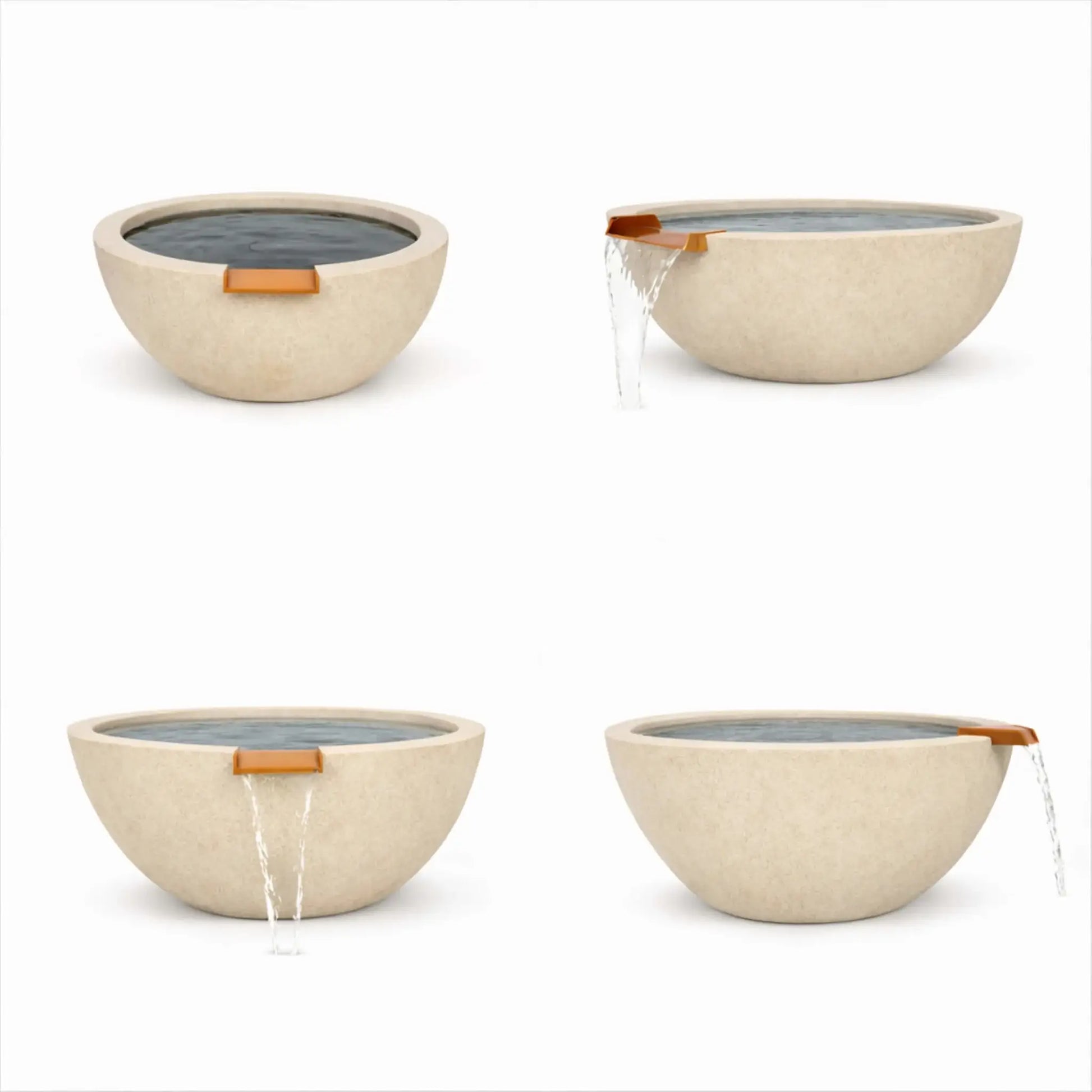 Four-image product layout showing multiple views of a white round GFRC concrete water bowl, including angles with active water flow and still water. The images showcase the bowl’s clean silhouette, textured concrete surface, and bronze spillway detail.
