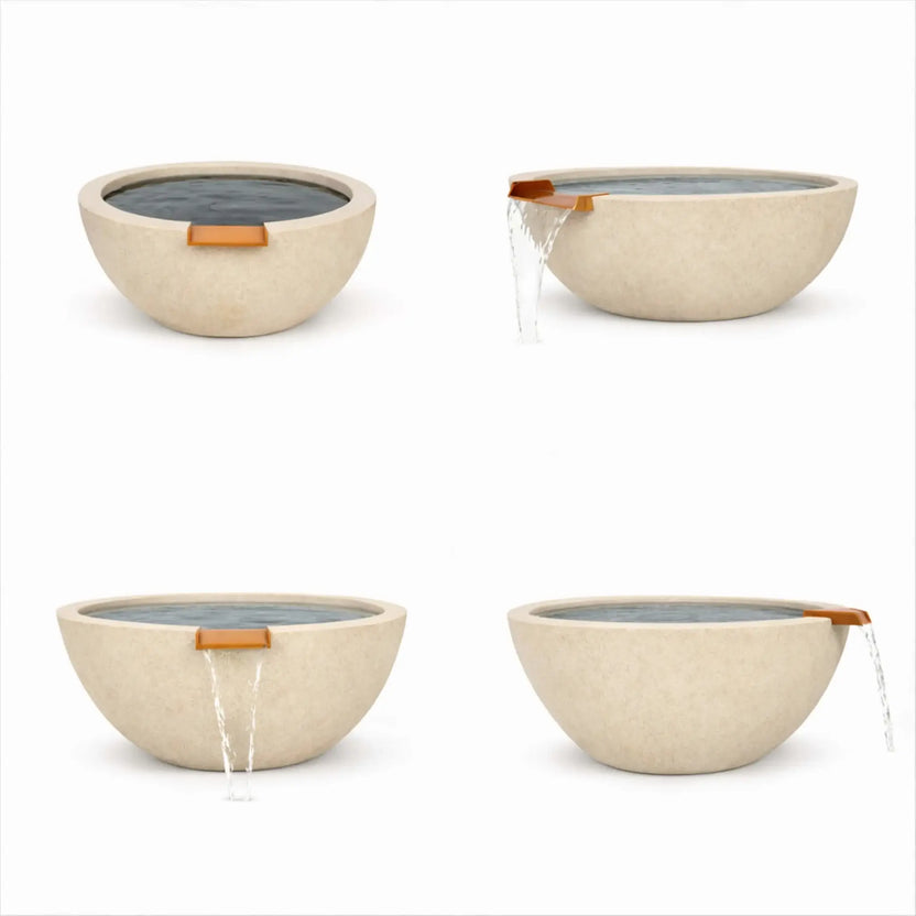 Four-image product layout showing multiple views of a white round GFRC concrete water bowl, including angles with active water flow and still water. The images showcase the bowl’s clean silhouette, textured concrete surface, and bronze spillway detail.