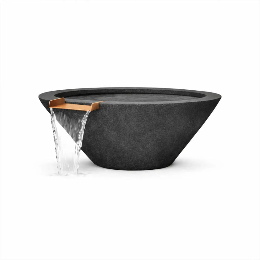 Single product image of a black round cone style GFRC concrete water bowl with water flowing from a bronze spillway. The image showcases the bowl’s wide rim, tapered cone profile, and dark concrete texture designed for contemporary outdoor water installations.