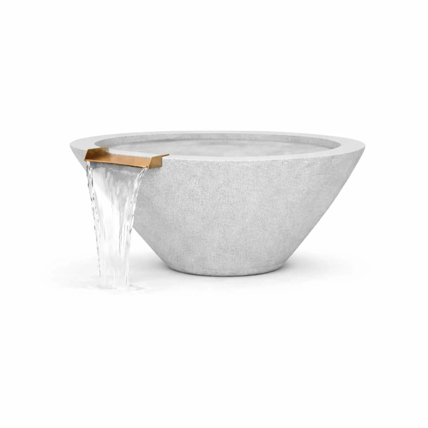 Gray round cone style GFRC concrete water bowl shown with an active waterfall spilling from a bronze scupper. The angled view highlights the bowl’s smooth sloped sides, wide circular opening, and refined concrete finish.
