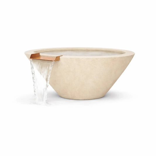 White round cone style GFRC concrete water bowl featuring a bronze water spillway with water cascading from the rim. The minimalist cone-shaped design and light concrete finish emphasize its use as a modern outdoor water feature.