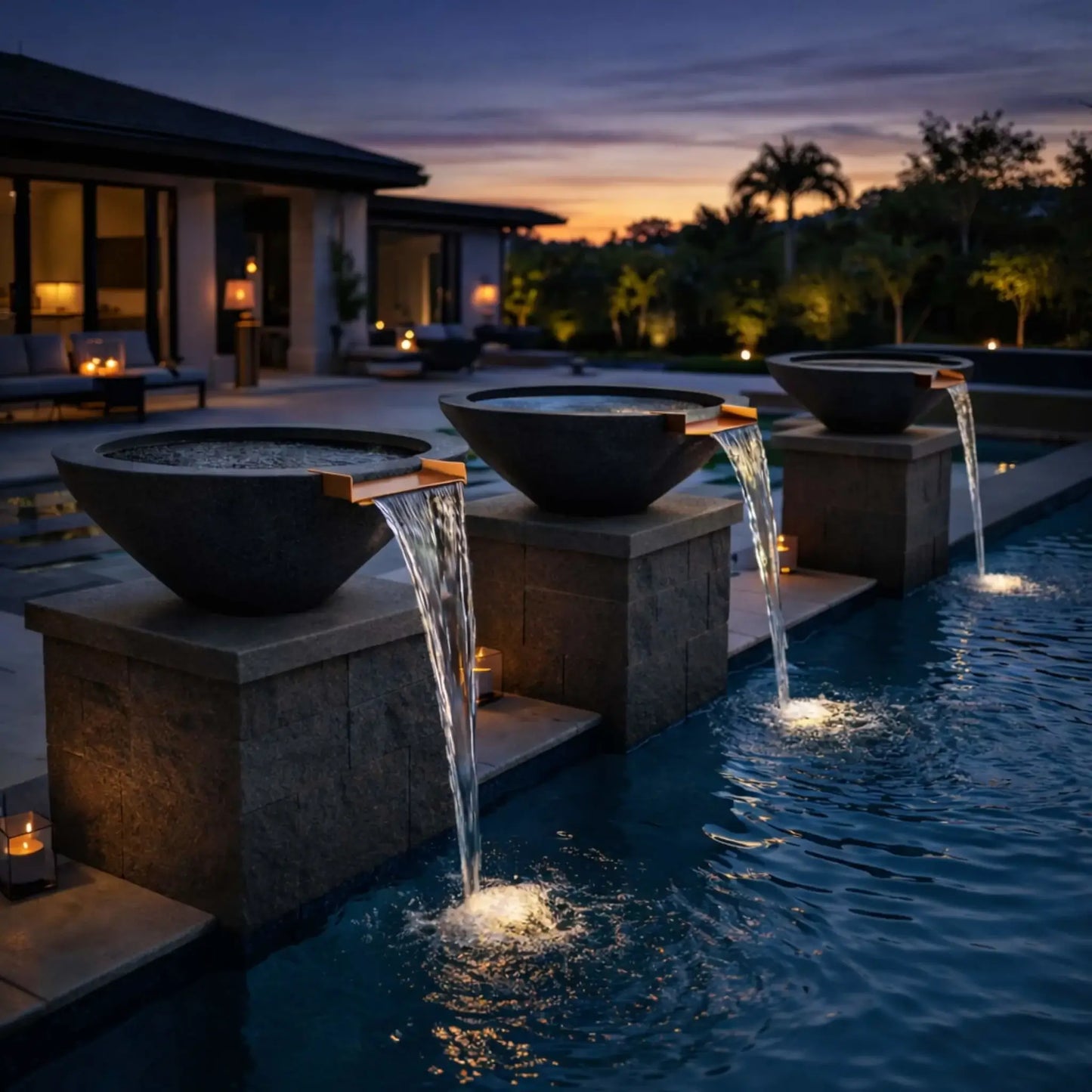 Evening outdoor scene showing black round cone style GFRC concrete water bowls arranged along a pool edge. Water cascades from bronze spillways into the pool below, with landscape lighting and a modern home creating a dramatic nighttime water feature display.