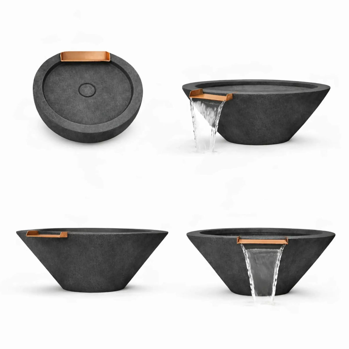 Four-view product layout of round cone style GFRC concrete water bowls in a charcoal black finish. The images show top-down, side, and angled perspectives, highlighting the tapered cone profile, smooth concrete texture, and integrated bronze water scupper used to create a clean cascading waterfall.