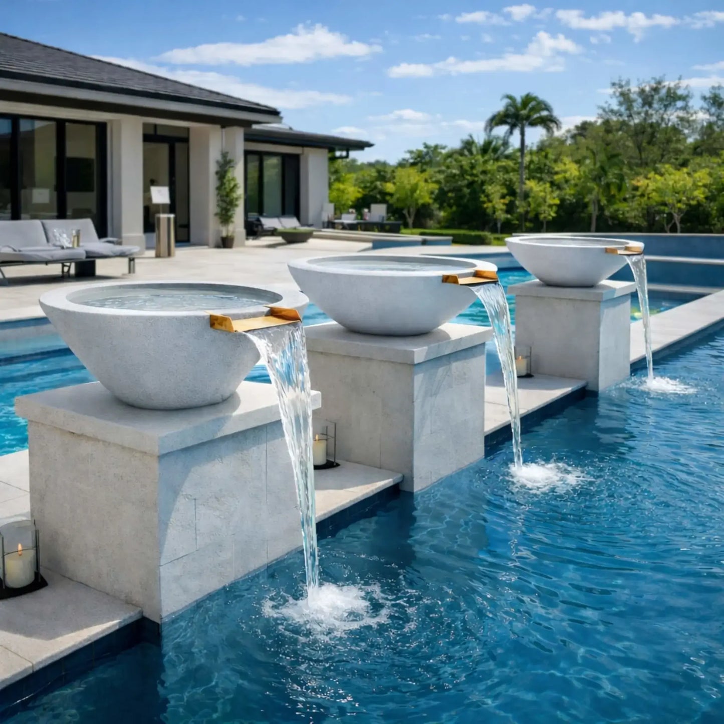 Daytime poolside setting with gray round cone style GFRC concrete water bowls placed on raised pedestals. Each bowl features a bronze spillway pouring water into the pool, enhancing a contemporary backyard with clean architectural lines and landscaped surroundings.