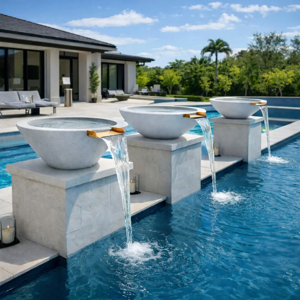 Daytime poolside setting with gray round cone style GFRC concrete water bowls placed on raised pedestals. Each bowl features a bronze spillway pouring water into the pool, enhancing a contemporary backyard with clean architectural lines and landscaped surroundings.