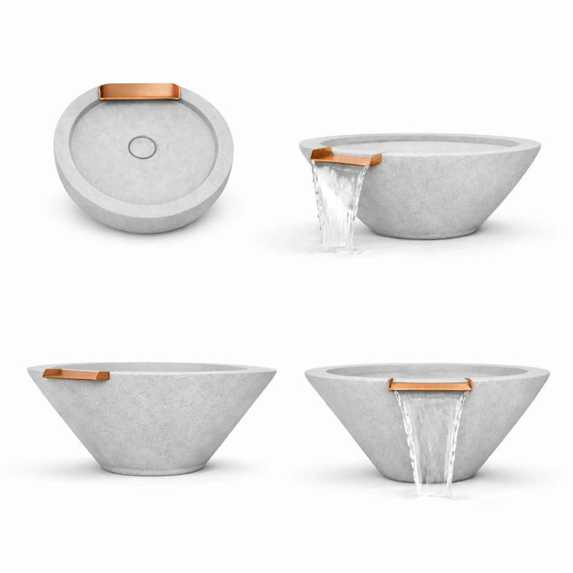 Multi-angle product display of round cone style GFRC concrete water bowls in a light gray finish, shown with and without flowing water. The layout emphasizes the bowl’s sloped cone shape, textured concrete surface, and bronze spillway designed for modern outdoor water features.