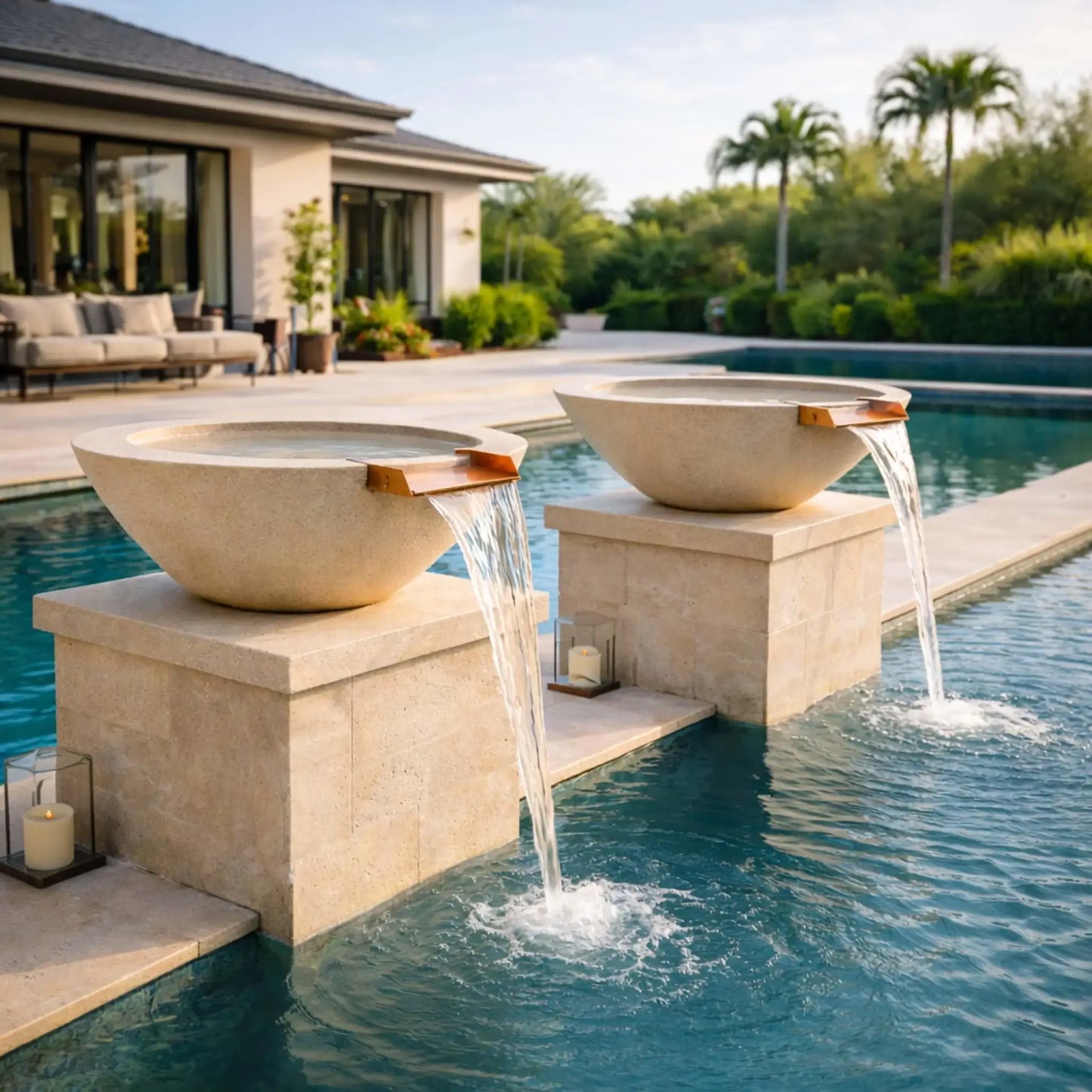 Luxury poolside installation featuring multiple white round cone style GFRC concrete water bowls mounted on stone pedestals. Each bowl releases a smooth stream of water into a swimming pool, creating a clean, modern water feature in a bright outdoor residential setting.