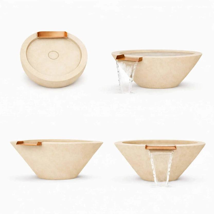 Four-image product presentation of round cone style GFRC concrete water bowls in a white finish, featuring views from multiple angles. The images highlight the clean tapered silhouette, smooth concrete finish, and integrated bronze water scupper for controlled water flow.