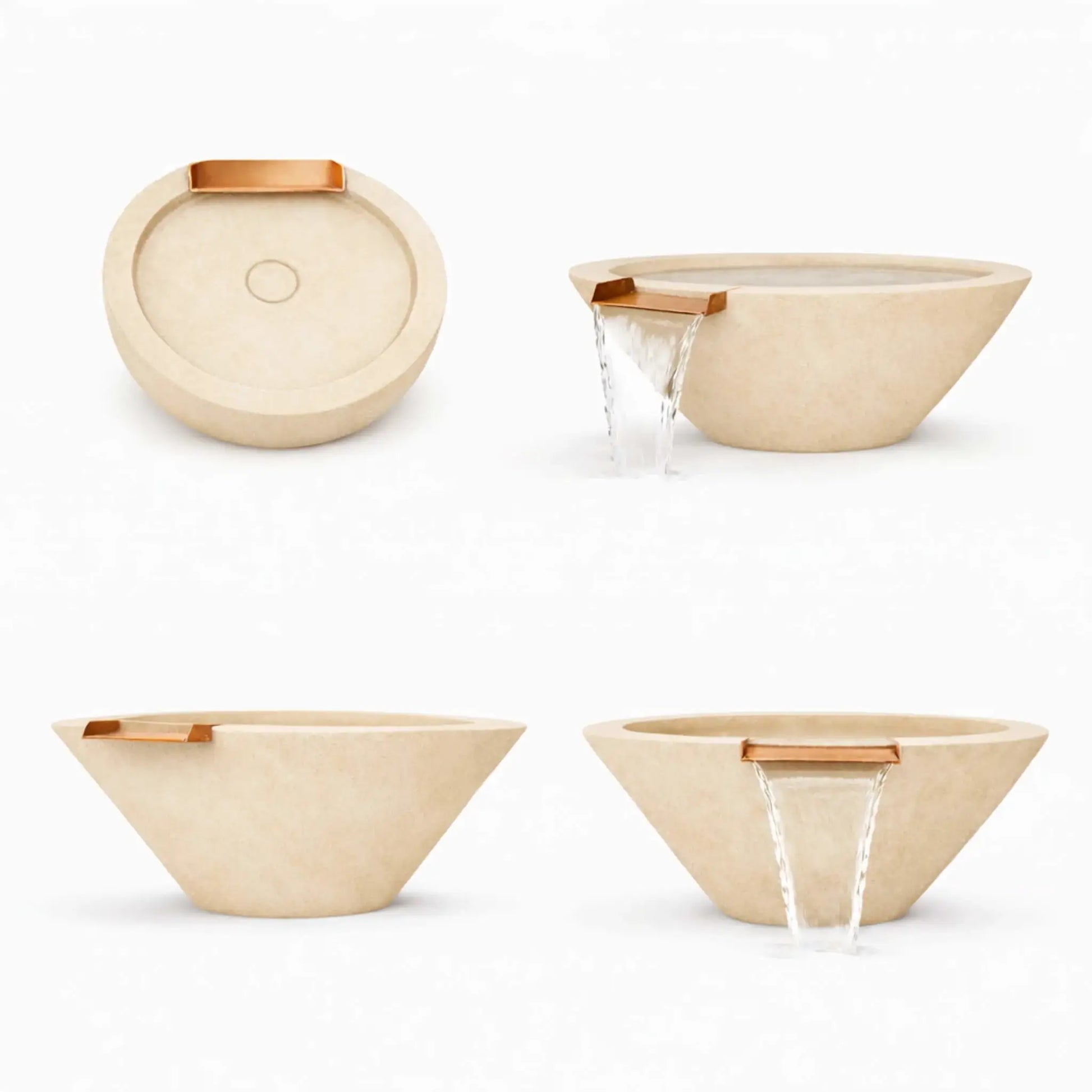 Four-image product presentation of round cone style GFRC concrete water bowls in a white finish, featuring views from multiple angles. The images highlight the clean tapered silhouette, smooth concrete finish, and integrated bronze water scupper for controlled water flow.
