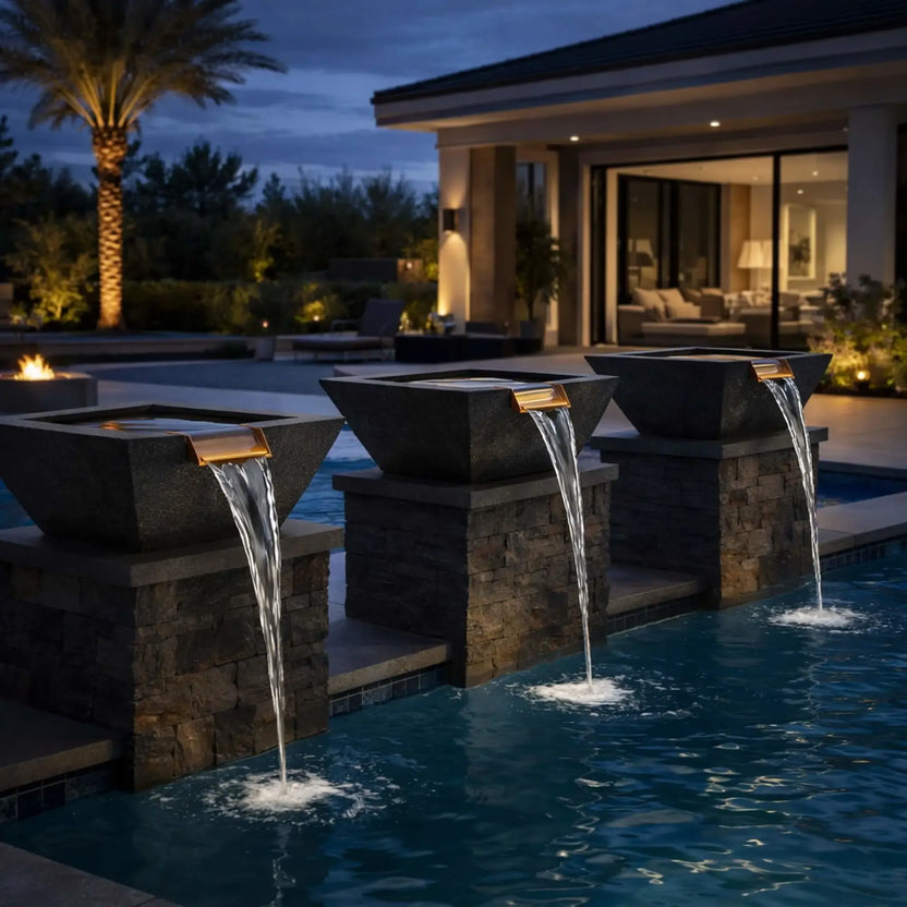 Evening poolside installation featuring black square angular GFRC concrete water bowls mounted on stone pedestals, each releasing a smooth stream of water from a bronze spillway into the swimming pool. The scene highlights dramatic outdoor lighting, a modern home backdrop, and a luxury resort-style water feature design.