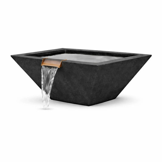 Angled product view of a black square angular GFRC concrete water bowl with a bronze spillway releasing a steady waterfall. The image emphasizes the bowl’s bold geometric form, dark concrete finish, and modern design suitable for contemporary outdoor installations.