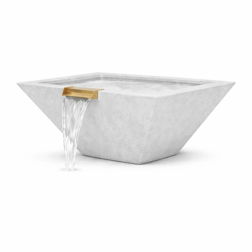 Angled view of a gray square angular GFRC concrete water bowl with water cascading from a bronze spillway. The perspective showcases the bowl’s sloped sides, crisp edges, recessed basin, and contemporary concrete texture designed for upscale outdoor water features.