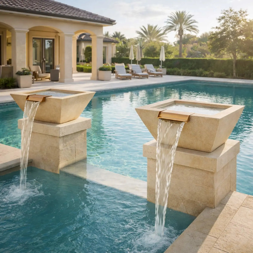 Luxury poolside setting featuring white square angular GFRC concrete water bowls mounted on stone pedestals. Water pours from bronze spillways into a swimming pool, complementing a modern home, palm trees, and outdoor lounge seating in a bright daytime environment.
