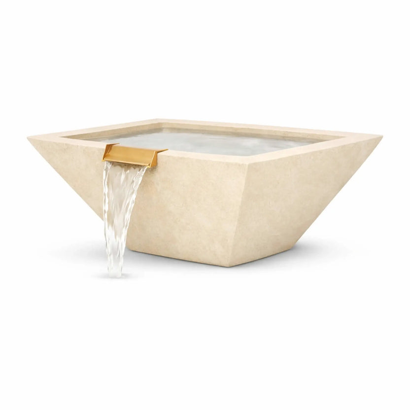 Luxury poolside setting featuring white square angular GFRC concrete water bowls mounted on stone pedestals. Water pours from bronze spillways into a swimming pool, complementing a modern home, palm trees, and outdoor lounge seating in a bright daytime environment.