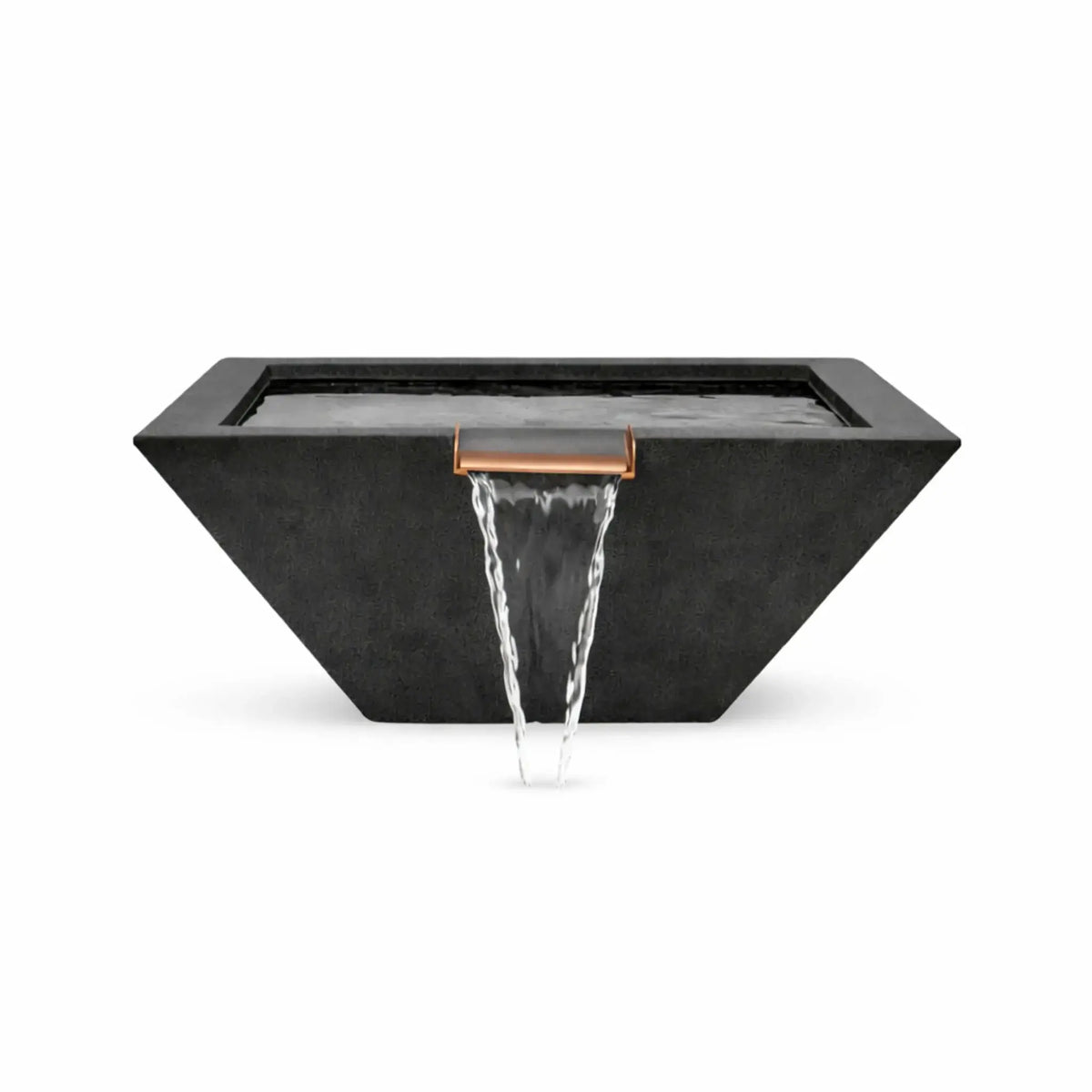 Front view of a black square angular GFRC concrete water bowl featuring a centered bronze spillway with cascading water. The straight-on angle showcases the bowl’s symmetrical design, recessed basin, and textured concrete construction.
