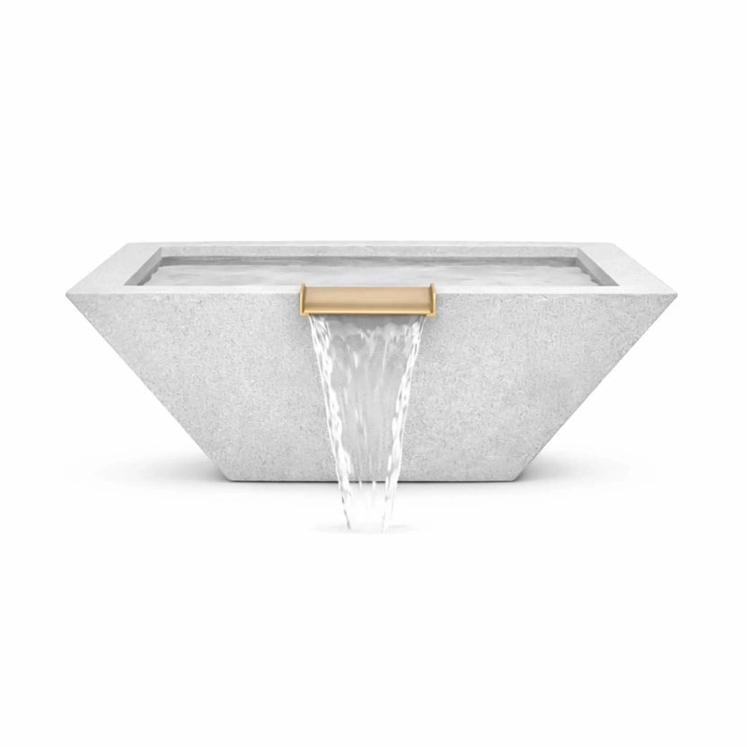 Front-facing product image of a gray GFRC concrete square angular water bowl featuring a wide bronze spillway centered on the front edge. Water flows smoothly from the scupper, highlighting the bowl’s clean geometric shape, textured concrete finish, and modern tapered profile.