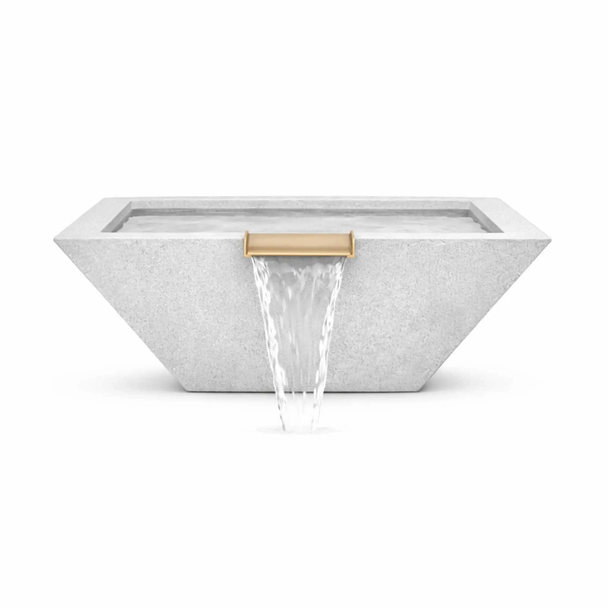 Front-facing product image of a gray GFRC concrete square angular water bowl featuring a wide bronze spillway centered on the front edge. Water flows smoothly from the scupper, highlighting the bowl’s clean geometric shape, textured concrete finish, and modern tapered profile.
