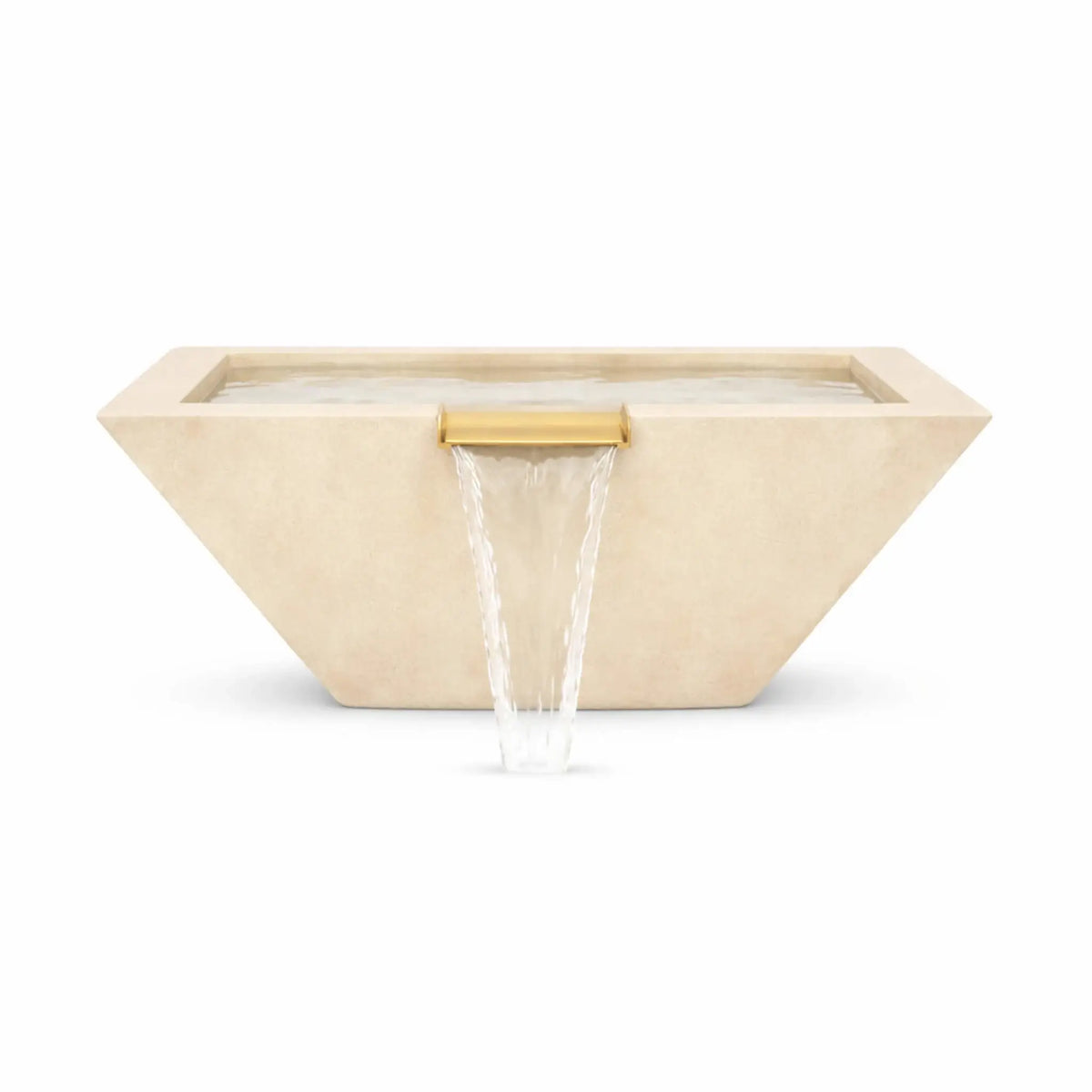 Front-facing view of a white square angular GFRC concrete water bowl with a centered bronze spillway pouring water straight down. The image showcases the bowl’s symmetrical design, tapered profile, and minimalist concrete finish.