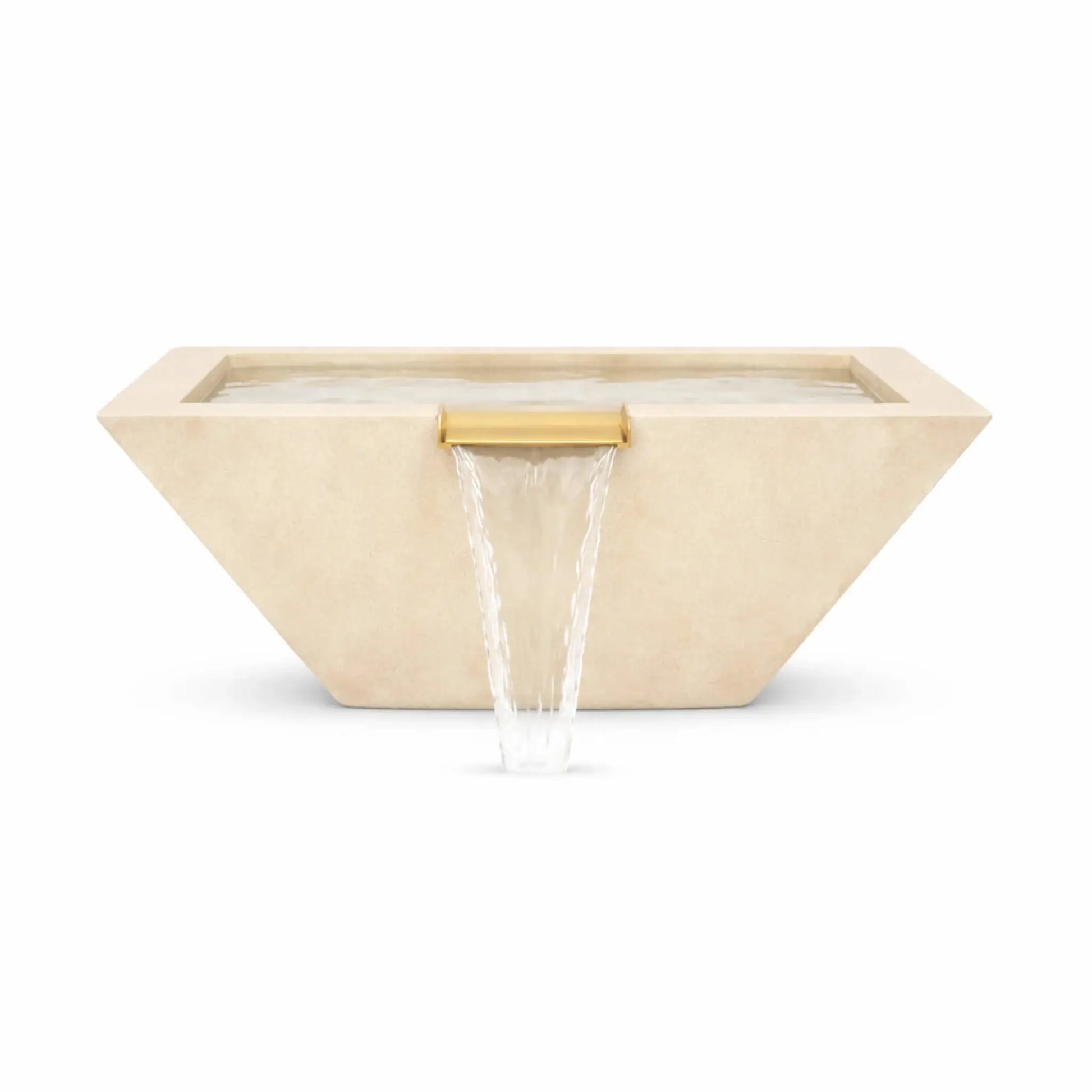 Front-facing view of a white square angular GFRC concrete water bowl with a centered bronze spillway pouring water straight down. The image showcases the bowl’s symmetrical design, tapered profile, and minimalist concrete finish.