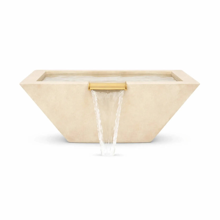 Front-facing view of a white square angular GFRC concrete water bowl with a centered bronze spillway pouring water straight down. The image showcases the bowl’s symmetrical design, tapered profile, and minimalist concrete finish.