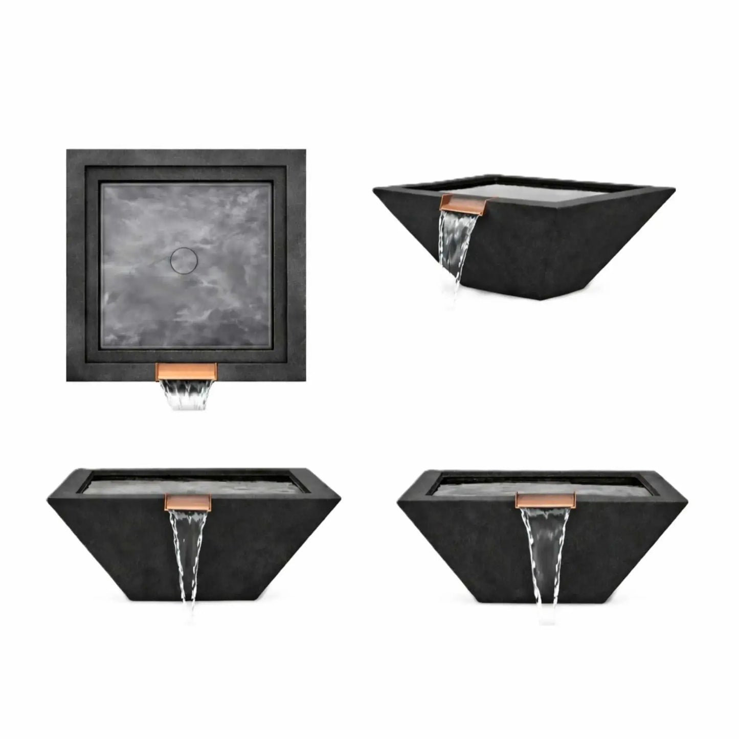 Multi-view product layout of black square angular GFRC concrete water bowls, including top-down, front, and angled perspectives. The images display the integrated bronze spillway, clean geometric form, recessed interior basin, and durable concrete finish from multiple angles.