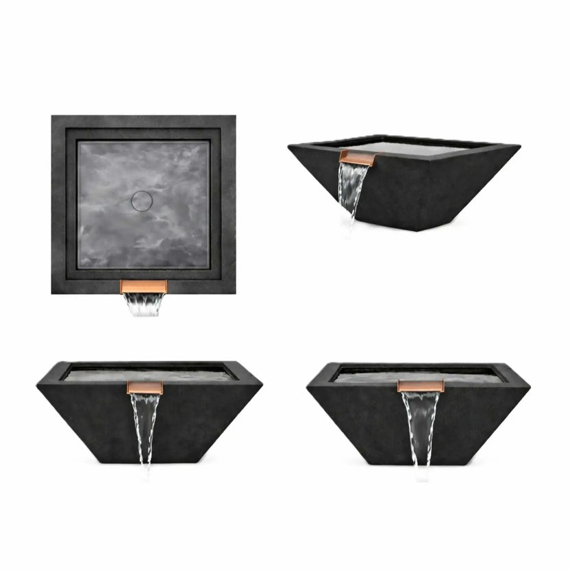 Multi-view product layout of black square angular GFRC concrete water bowls, including top-down, front, and angled perspectives. The images display the integrated bronze spillway, clean geometric form, recessed interior basin, and durable concrete finish from multiple angles.