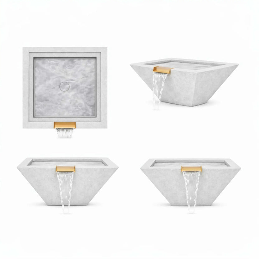 Multi-view product layout of gray square angular GFRC concrete water bowls, including top-down, front, and angled perspectives. The images highlight the recessed basin, crisp geometric edges, textured concrete finish, and integrated bronze spillway designed for modern outdoor water features.