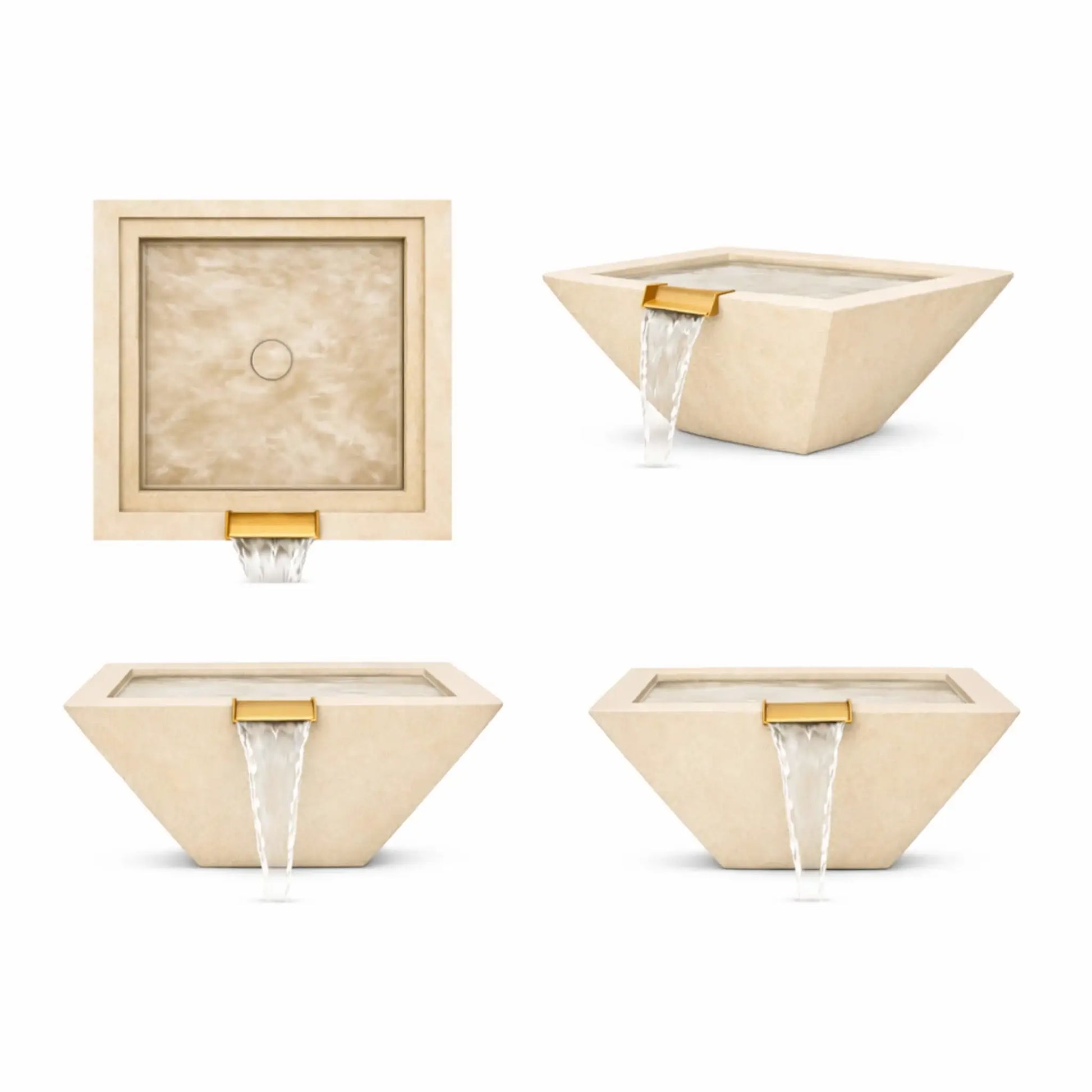 Four-view product presentation of white square angular GFRC concrete water bowls showing top, front, and angled views. The layout emphasizes the clean architectural shape, smooth concrete surface, centered bronze spillway, and balanced waterfall flow.