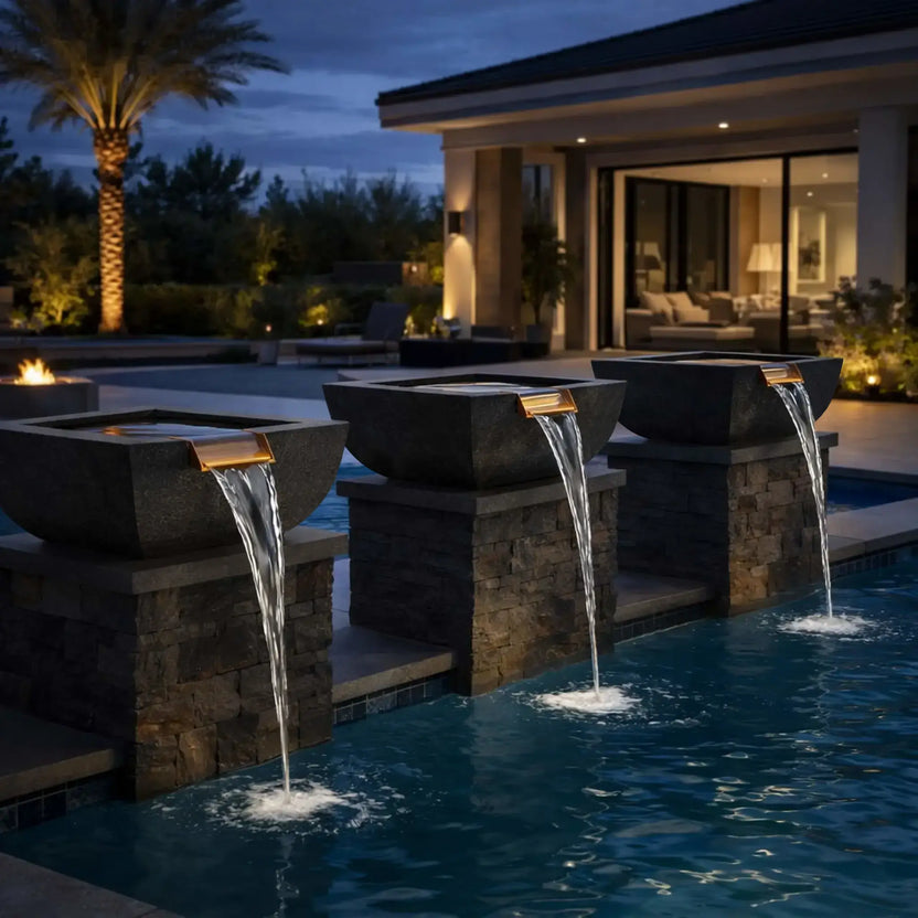 Luxury backyard poolscape featuring three black Serenity Series square water bowls mounted on stone pedestals beside a swimming pool. Each bowl includes a copper spillway producing elegant waterfall streams into the pool. The modern outdoor setting includes landscape lighting, palm trees, and a contemporary home, showcasing a high-end resort-style water feature installation.