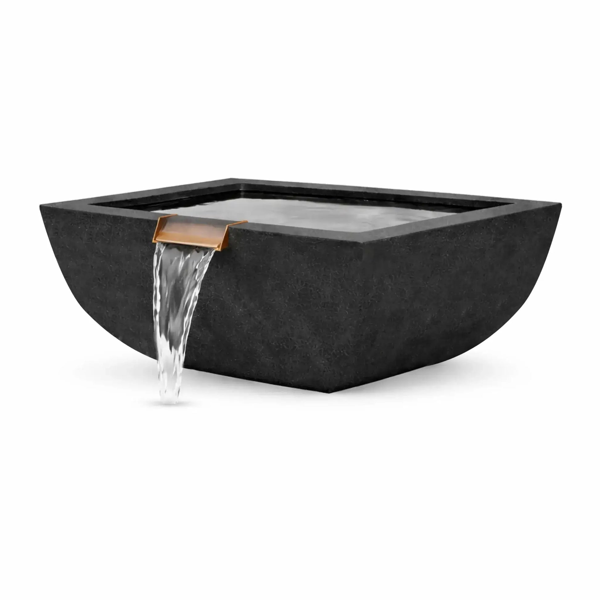 Black square outdoor water bowl from the Flame Havens Serenity Series shown in an angled product view. The modern rounded square basin features a dark textured concrete-style finish and a polished copper spillway that pours a smooth sheet of water from the front lip, creating a contemporary architectural pool or patio water feature ideal for luxury landscape design.