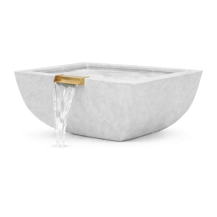 Gray Serenity Series square water bowl shown in an angled studio product image. The contemporary rounded-square basin has a light stone-textured finish and a brushed copper spillway that creates a clean sheet waterfall. Designed for pools, fountains, and luxury landscapes, this modern outdoor water feature adds movement and sound to patios and poolside environments.