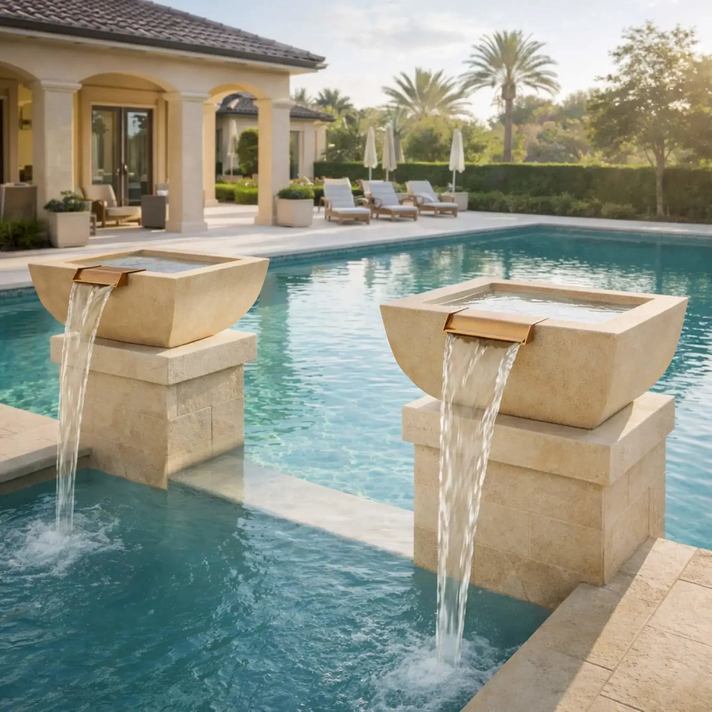 Elegant resort-style backyard pool scene featuring two white Serenity Series square water bowls mounted on stone columns beside a swimming pool. Each bowl includes a copper spillway releasing a smooth waterfall into the water. The Mediterranean-inspired home, palm trees, and outdoor seating create a luxurious outdoor environment highlighting decorative pool water features.