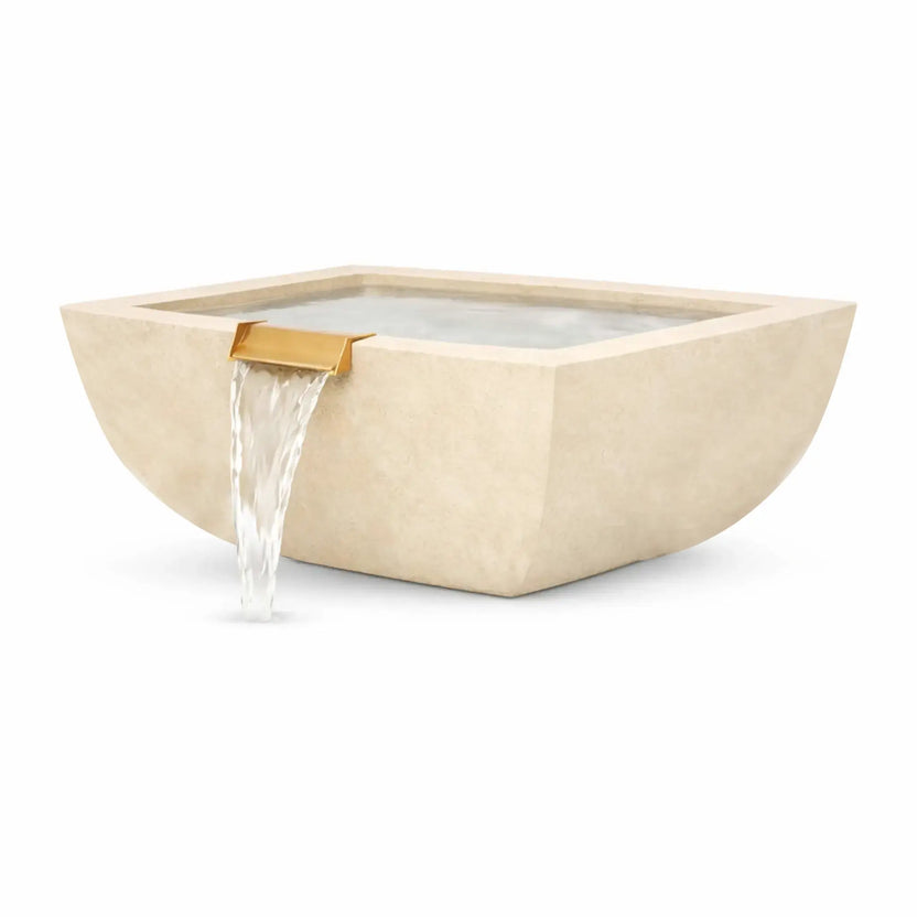 White Serenity Series square outdoor water bowl displayed in an angled product view on a clean studio background. The rounded-square basin has a smooth light stone finish and a polished copper spillway that creates a continuous waterfall flow. Designed for modern poolscapes, fountains, and luxury backyard landscapes, this architectural water feature blends elegance with calming water movement.