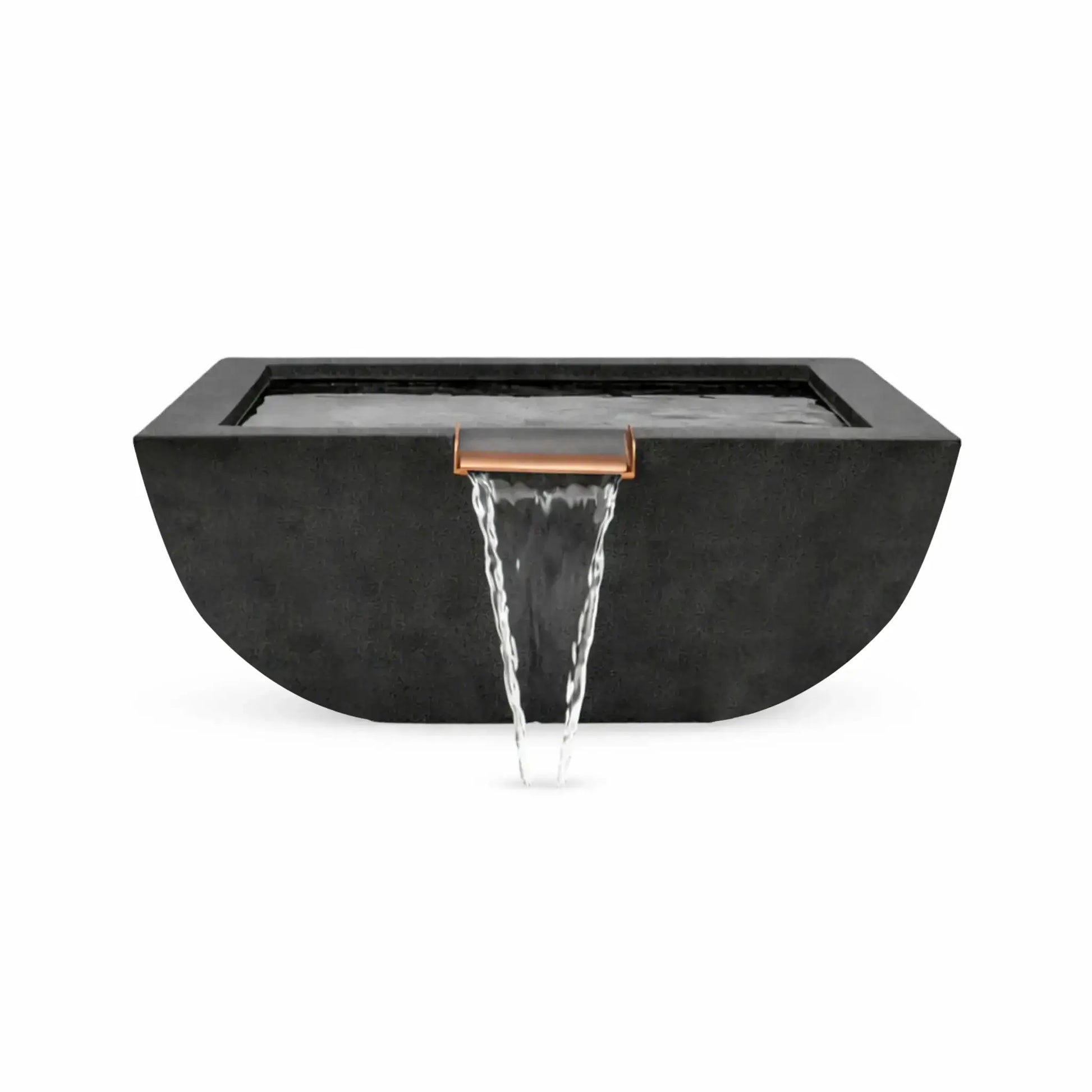 Front view of the black Serenity Series square water bowl showing the centered copper spillway and smooth cascading water flow. The modern rounded-square basin features a dark textured finish and architectural form designed for pool edges, fountains, and contemporary landscape water features, providing a striking focal point with soothing waterfall sound.