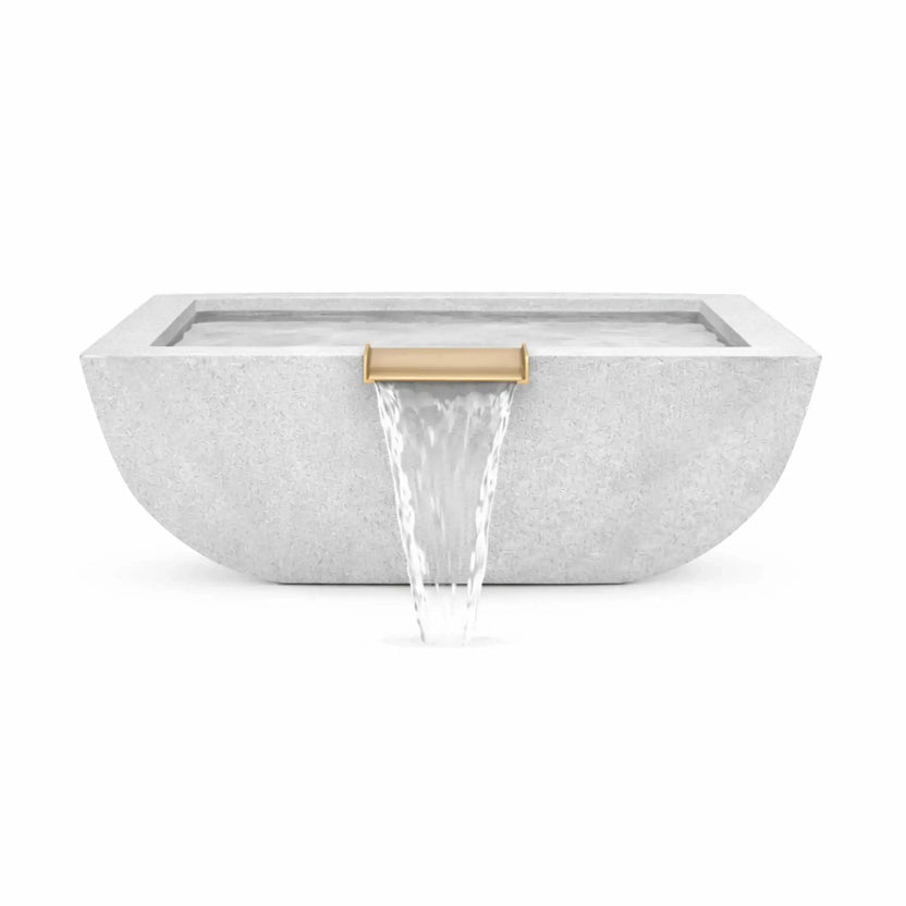 Front-facing studio image of the gray Serenity Series square water bowl featuring a brushed copper spillway and a clean sheet waterfall. The light stone-textured basin has a modern rounded-square design ideal for poolside installations, fountains, and architectural landscape water features that add visual movement and relaxing water sound.