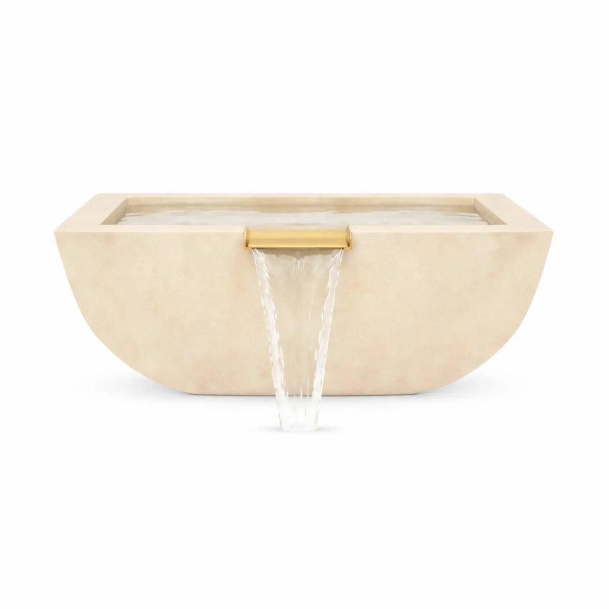 Front view of the white Serenity Series square water bowl with a polished copper spillway producing a steady waterfall stream. The smooth rounded-square basin and light stone finish create a refined modern aesthetic designed for upscale poolscapes, fountains, and contemporary outdoor living spaces.