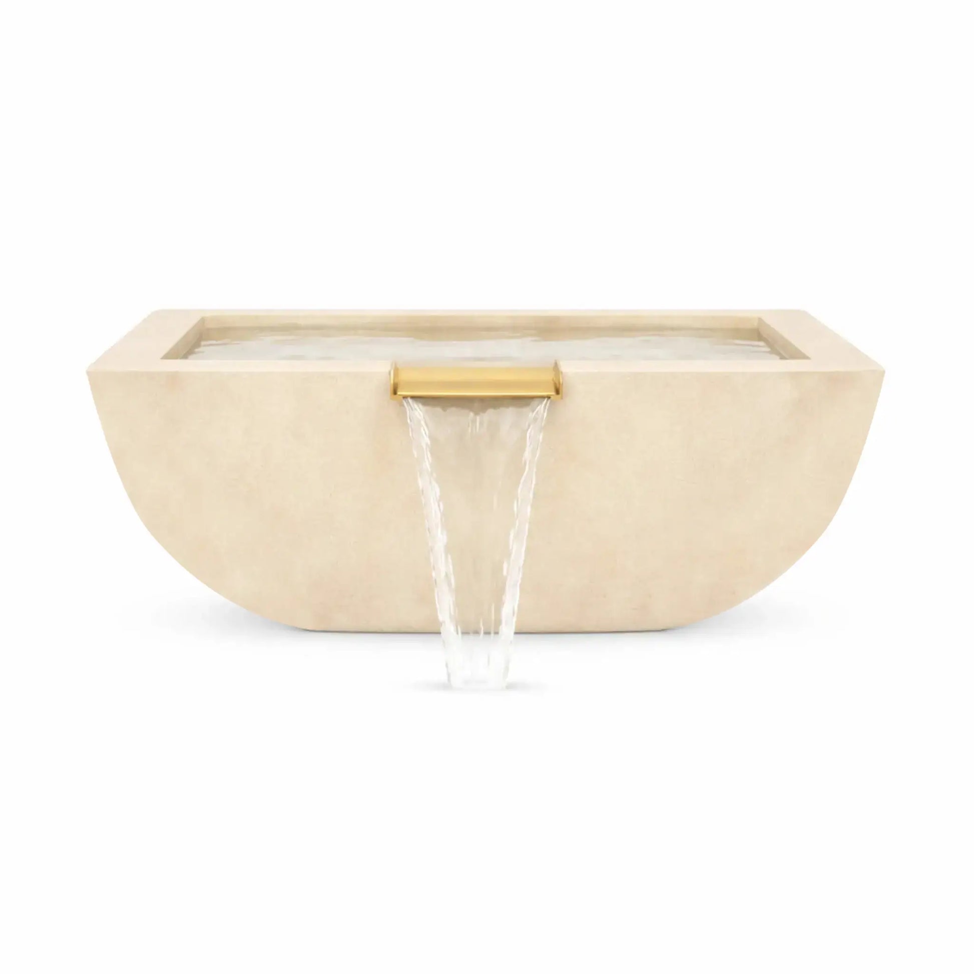 Front view of the white Serenity Series square water bowl with a polished copper spillway producing a steady waterfall stream. The smooth rounded-square basin and light stone finish create a refined modern aesthetic designed for upscale poolscapes, fountains, and contemporary outdoor living spaces.